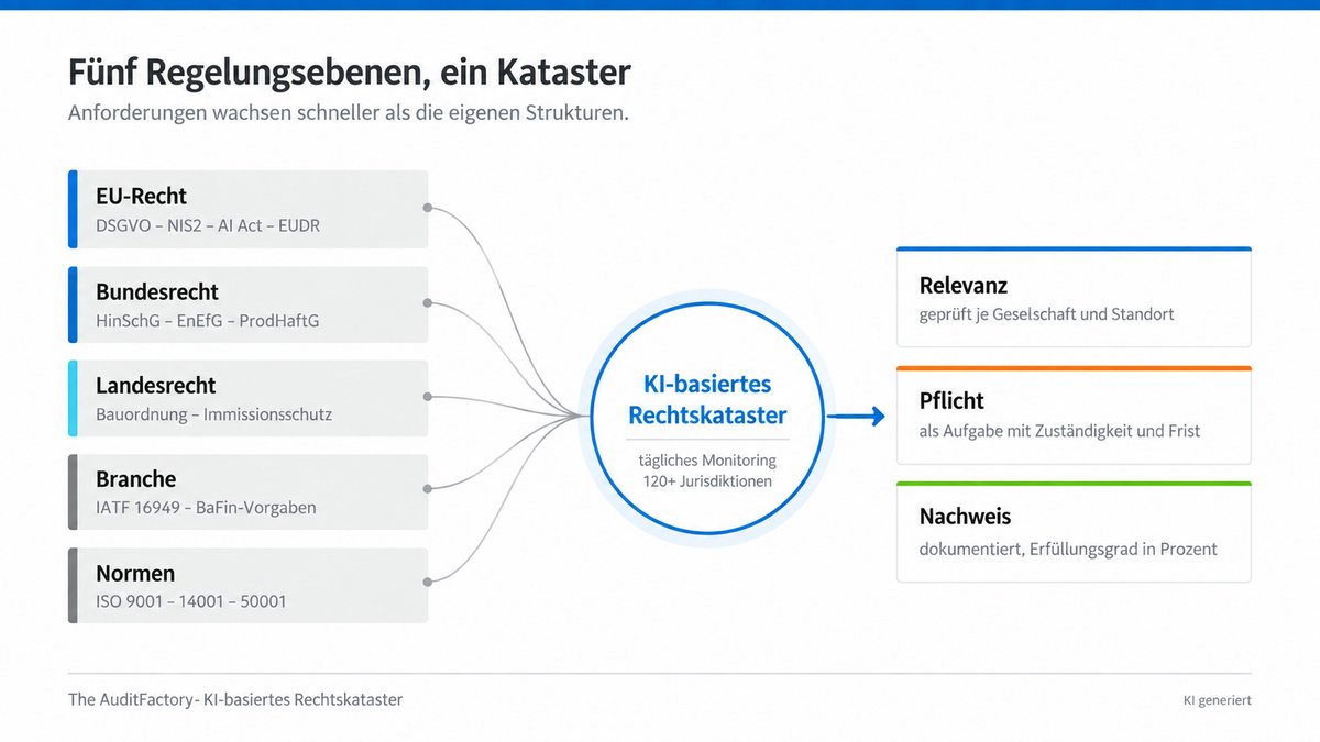 Grafik der Regulierungsebenen – EU-Recht, nationales Recht, Landesrecht, Branchenstandards und Normen laufen im zentralen Rechtskataster zusammen.
